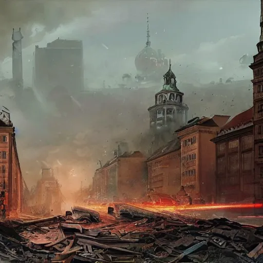 Prompt: berlin been destroyed by the soviet arteries in 1 9 4 4 in one of the soviet armies raising the soviet flag in the background by greg rutkowski