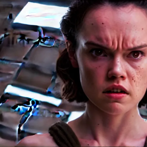 Prompt: evil mutant corrupted daisy ridley as rey, killing stormtroopers, sith lord, dark side, cinematic movie image, both hands raised to use the force, yellow eyes, hd star wars photo