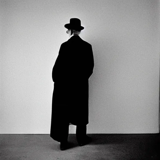 Image similar to grainy underexposed portrait of Marcel Duchamp in a empty white void, tri-x, Trent Parke, Rinko Kawaichi, archival pigment print, occult dream, contemporary art