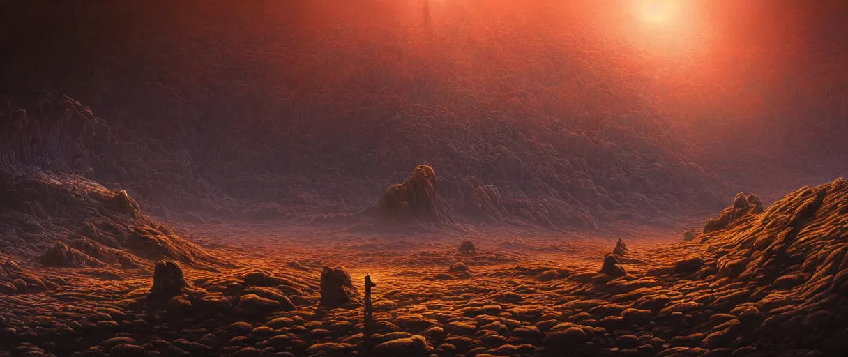 Prompt: detailed hyper realistic landscape of a harsh barren exoplanet with tall slender crystalline lifeforms, beautiful dramatic moody lighting, cinematic atmosphere, by Jean Giraud, Alex Grey, Zdzislaw Beksiński, Dan Mumford, Patiphan Sottiwilaiphong, Yintion J - Jiang Geping