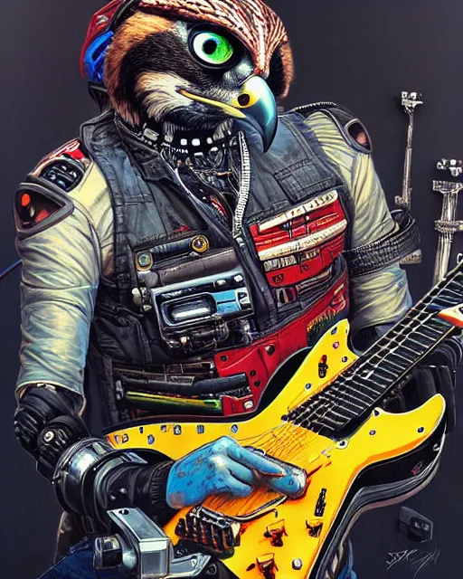 Image similar to a portrait of an anthropomorphic cyberpunk falcon shredding an electric guitar by sandra chevrier, by jon foster, detailed render, tape deck, epic composition, cybernetics, 4 k realistic, cryengine, realistic shaded lighting, sharp focus, masterpiece, by enki bilal