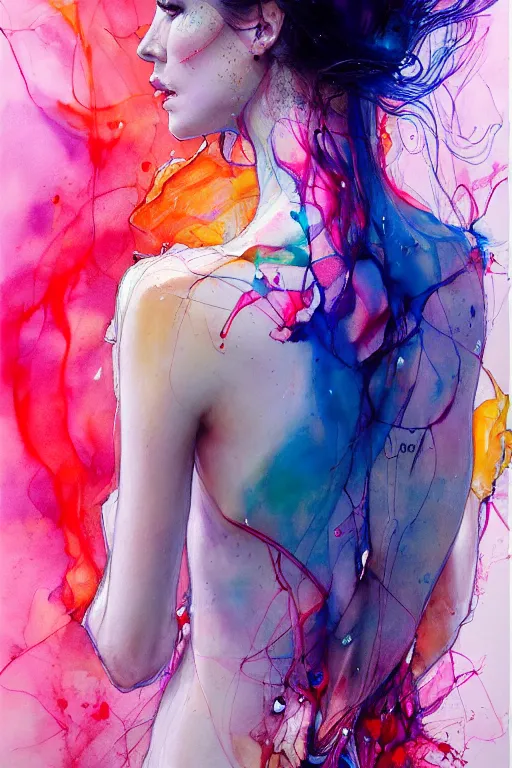 Image similar to sophia vergara by agnes cecile enki bilal moebius, intricated details, 3 / 4 back view, bendover posture, full body portrait, extremely luminous bright design, pastel colours, drips, autumn lights