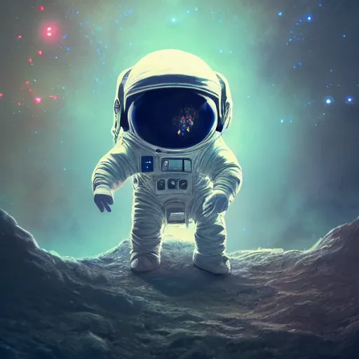 Image similar to an epic portrait of a tiny astronaut entering microscopic multiverse of atoms madness with a tiny macro spaceship, cinematic lighting, trending on Artstation, highly detailed, insane details