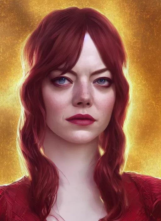 Prompt: portrait of emma stone as scarlet witch, hyper detailed, digital art, trending in artstation, cinematic lighting, studio quality, smooth render, unreal engine 5 rendered, octane rendered, art style by klimt and nixeu and ian sprigger and wlop and krenz cushart.