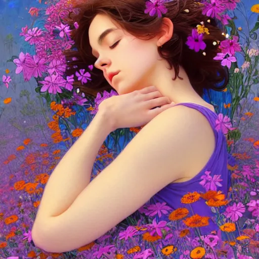 Image similar to a woman sleeping in the middle of flowers, confident pose, pixie, genshin impact, intricate, elegant, sharp focus, illustration, highly detailed, concept art, matte, trending on artstation, lisa frank, alfons mucha, art by wlop and artgerm and greg rutkowski, ilya kuvshinov, strong strokes