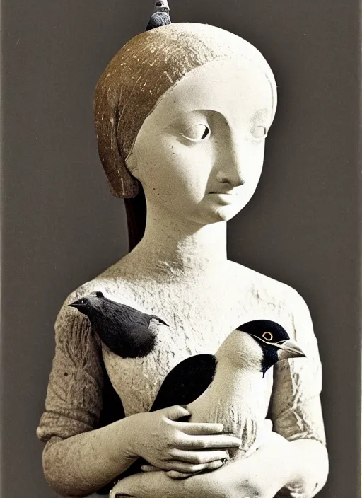 Image similar to realistic photo of a a girl with a pigeons, ancient sculpture doll made of white clay and black brushwood, greyscale grain 1 9 6 0, life magazine photo, natural colors, metropolitan museum, kodak