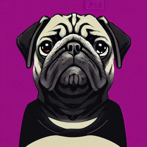 Prompt: a sad pug wearing a hoodie, the word'sad'is written on the hoodie in upper case letters, digital art, synthwave style, trending on artstation, matte painting, sticker