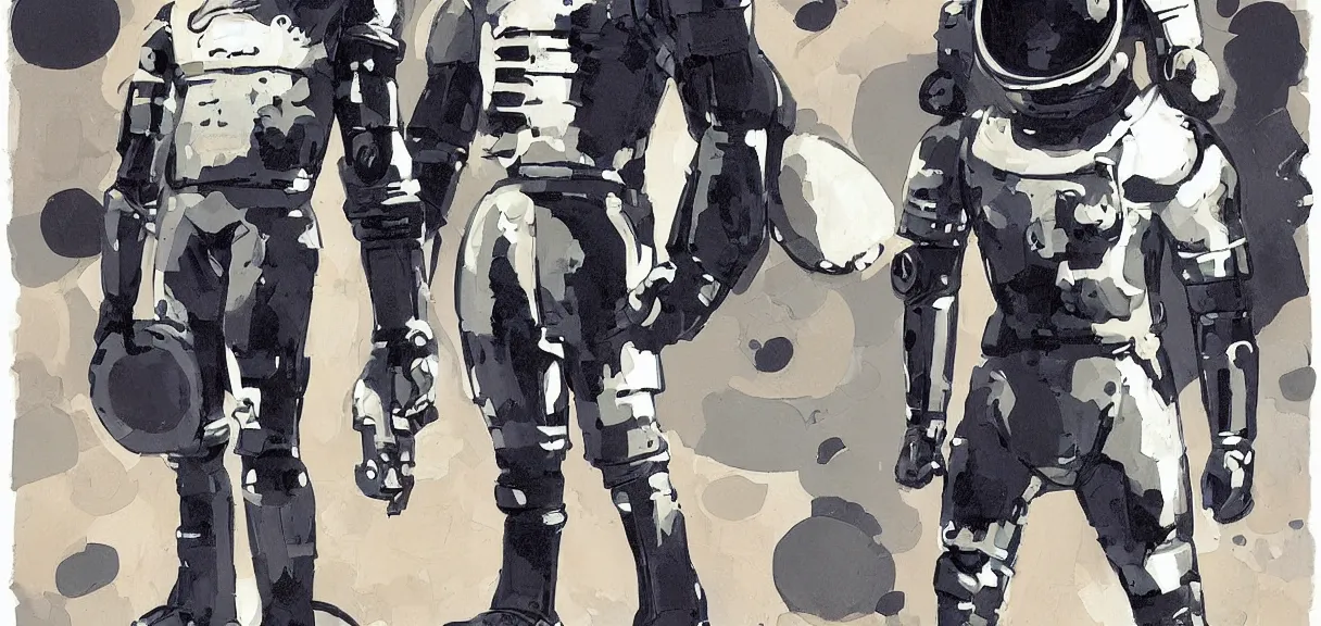 Image similar to male, full body, space suit with a modern helmet, large shoulders, short torso, long thin legs, tiny feet, character sheet, science fiction, very stylized character design, digital painting, by mike mignola, by alex maleev, jean giraud