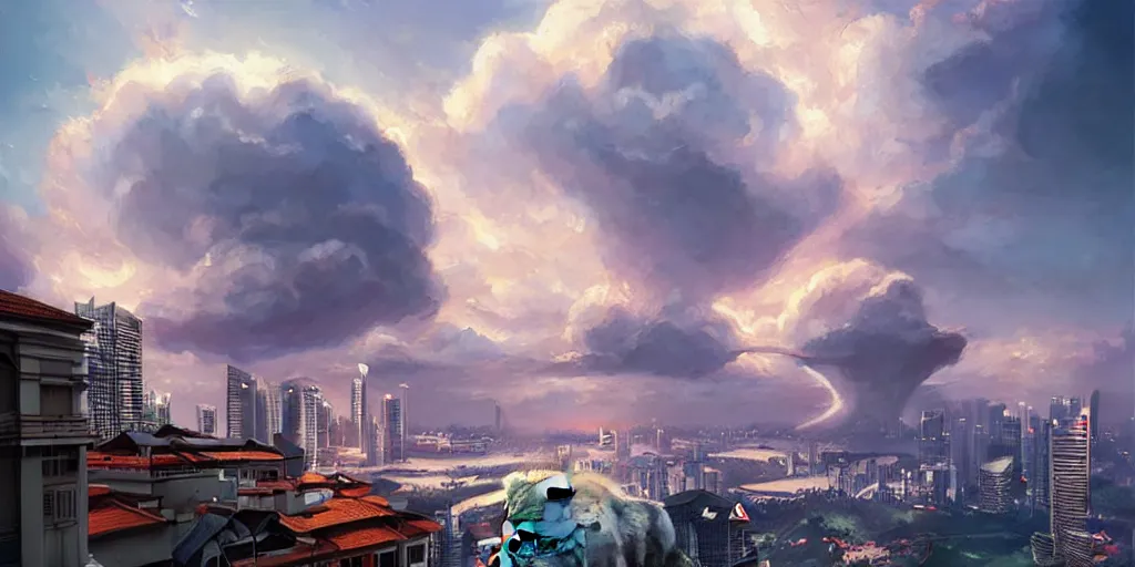 Image similar to Singapore city with a lion-shaped!!!!! cloud in the sky, by greg rutkowski, red and white lighting, digital art, ultra realistic, ultra detailed, photorealistic, 4k, character concept