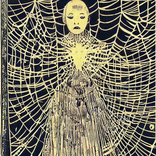 Image similar to a girl with a spider, colored woodcut, print, by Mackintosh, art noveau, by Ernst Haeckel, by Tsutomu Nihei