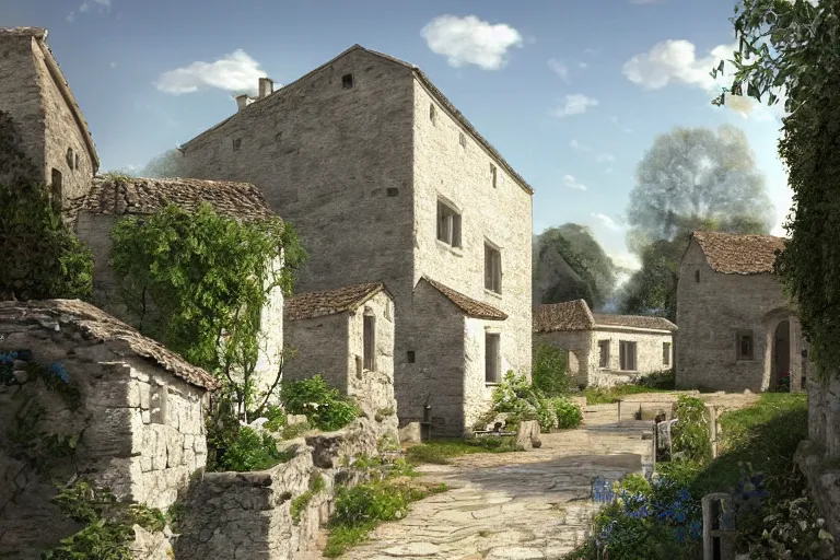 Prompt: A small medieval village with white rectangular architecture in an open field, a winding white stone pathwalk and a small brook running through, clear blue skies in the background, by Sylvain Sarrailh, D&D, high fantasy, 8k photorealistic, cinematic lighting, HD, high details, concept art, trending on artstation