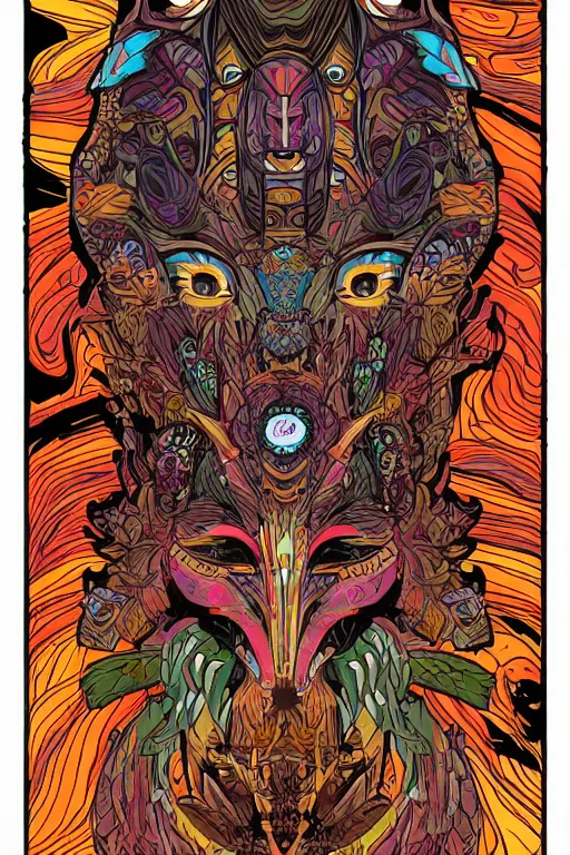 Image similar to animal mask totem roots flower tribal feather gemstone plant wood rock shaman vodoo video game vector cutout illustration vivid multicolor borderlands comics by josan gonzales and dan mumford radiating a glowing aura