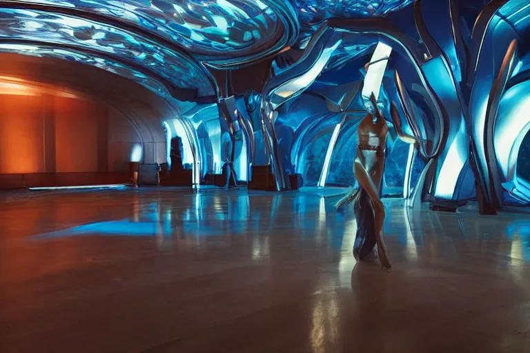 Prompt: vfx movie scene closeup of beautiful blue skin alien woman dancing in sleek futuristic decadent spaceship pillars, futuristic ballroom. giant windows view of earth obit. by emmanuel lubezki