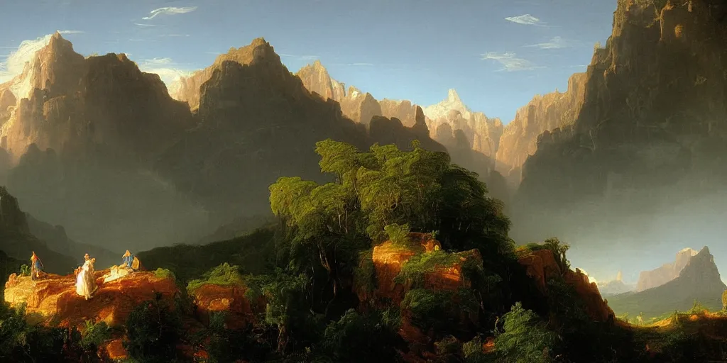 Image similar to very detailed and perfectly readable fine and soft relevant out of lines soft edges painting by thomas cole in hd, red mountains, nice lighting, perfect readability