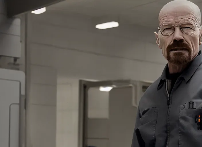 Image similar to film still of Walter White as Gordan Freeman wearing Black Mesa Jumpsuit in the Half Life Movie, 4k