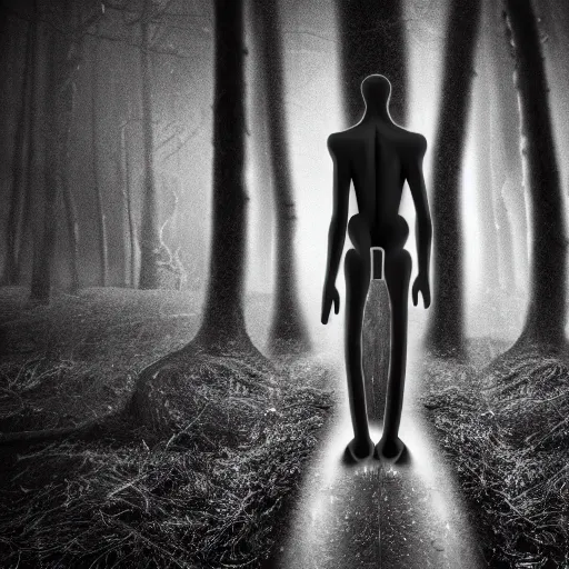 Image similar to black and white tall skinny humanoid creature in a dark forest at night, extremly detailed, 8 k, sharp focus