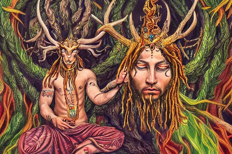 Image similar to a hyper-detailed painting with high details and textures of a psychedelic demon with dreadlocks horns and several eyes, he is in a meditation position and has an open third eye and mystical spiritual powers, the mix cernunnos + shiva