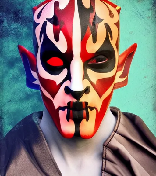 Image similar to beautiful male character inspired by venice carnival and pop art darth maul | | digital artwork made by greg rutswork, anna dittmann and lois van barlee, symmetrical, anatomically correct