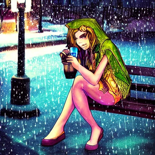 Prompt: Depressed Crystal Maiden sitting on a park bench drinking alcohol, rainy night, highly detailed photograph