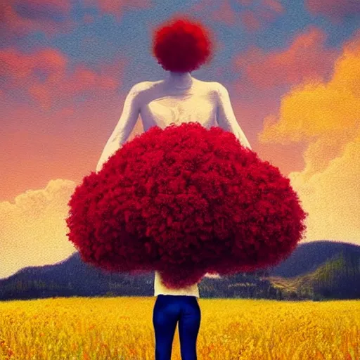 Image similar to giant red flower afro, full body, girl standing in the middle of a field with flowers, surreal photography, hills, sunrise dramatic light, impressionist painting, colorful clouds, digital painting, pointillism, artstation, simon stalenhag