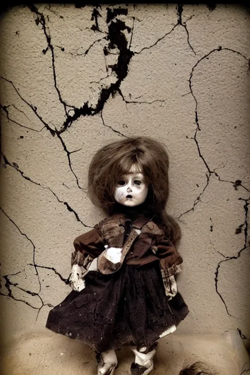 Prompt: dirty cracked screaming vintage doll maggots in eyes in darkly lit dusty basement cobwebs old photo