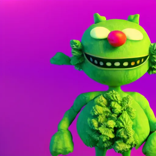 Image similar to a cinematic blender render of a cute marijuana nug character in candy edibles world