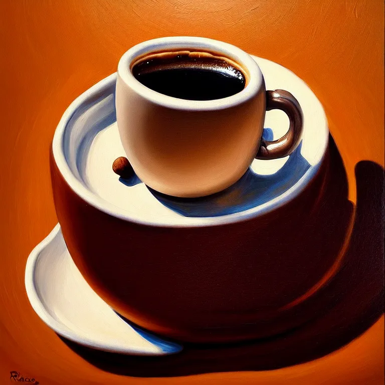 Image similar to an anthropomorphic coffee bean drinking a cup of espresso, photorealism, oil on canvas, soft textures, warm lighting