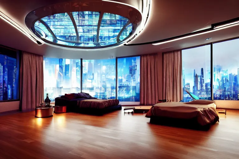 Image similar to a futuristic bedroom with large curved ceiling high windows looking out to a far future cyberpunk cityscape, cyberpunk neon lights, raining, scifi