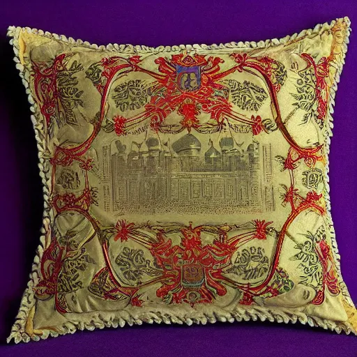 Image similar to the most amazing Imperial Russian pillow every made, product shot, intricate, fine detail, full Marxist print