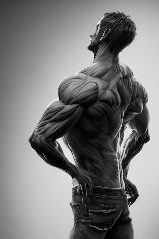 Image similar to a single muscular man wearing torn clothes, looking to the right, profile picture, hyperrealistic, concept art, octane render, unreal engine 5, trending on artstation, high quality, highly detailed, 8 k, dramatic lighting, cinematic, high coherence, anatomically correct, five fingers, digital art, seductive, black and white