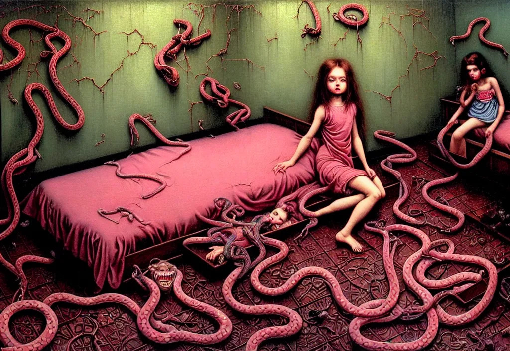 Prompt: realistic detailed image of a girl in an old soviet girlish room with a little monster hiding!!! under the bed!!! surrounded by snakes and imps by Francis Bacon, Ayami Kojima, Amano, Karol Bak, Greg Hildebrandt, and Mark Brooks, Neo-Gothic, gothic, rich deep colors. Beksinski painting, part by Adrian Ghenie and Gerhard Richter. art by Takato Yamamoto. masterpiece .ntricate artwork by Tooth Wu and wlop and beeple, greg rutkowski, very coherent symmetrical artwork, cinematic, hyper realism, high detail, octane render, unreal engine, 8k, Vibrant colors, Smooth gradients, High contrast, depth of field. by Katsuhiro Otomo, full body character drawing, inspired by Evangeleon, clean ink detailed line drawing, intricate detail, extremely detailed, 8k. painting by Arthur Rackham, Eugene de Blaas, Frederic Leighton