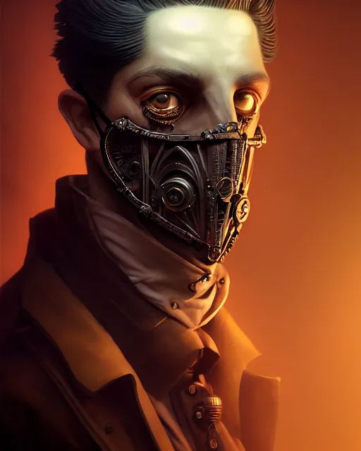 Image similar to male portrait, handsome, steampunk mask, detailed spike hair, intricate detective coat, complex 3 d render by ilya kuvshinov, peter mohrbacher, greg rutkowski, ryohei hase, dramatic lighting, intricate, highly detailed, sharp focus, luminous, unreal engine, blender, deviant art, artstation, masterpiece, ray tracing