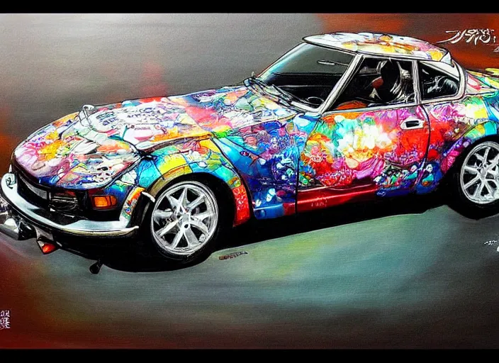 Image similar to beautiful yoshitaka amano art of a datsun fairlady roadster detailed painting