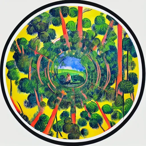 Prompt: a beautiful painting of a circle of forest in the sky, by Grosnez andemsaykilde and Paul Cezanne and Judson Huss, pencil sketch, abstract, pop art 1975 blooming reflective continent shrill cell