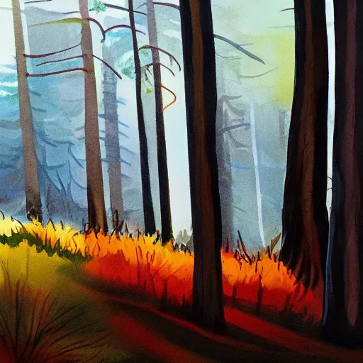 Image similar to forest in the morning light, gouache painting