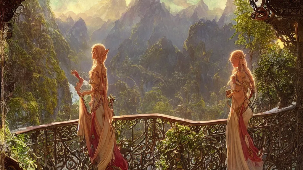 Image similar to a beautiful painting of a beautiful elven girl looking out from her balcony at art nouveau swiss chalet elven rivendell at sunrise, intricate, elegant, highly detailed, digital painting, artstation, concept art, by krenz cushart and artem demura and alphonse mucha