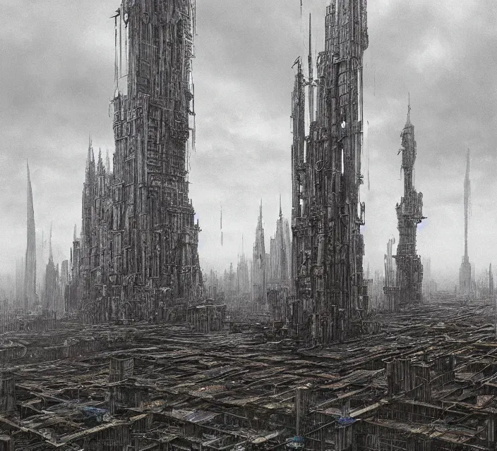 Image similar to gigantic mechanic megastructure tower in center, gothic, warhammer, steampunk, highly detailed, artstation, art by zdislav beksinski and wayne barlowe