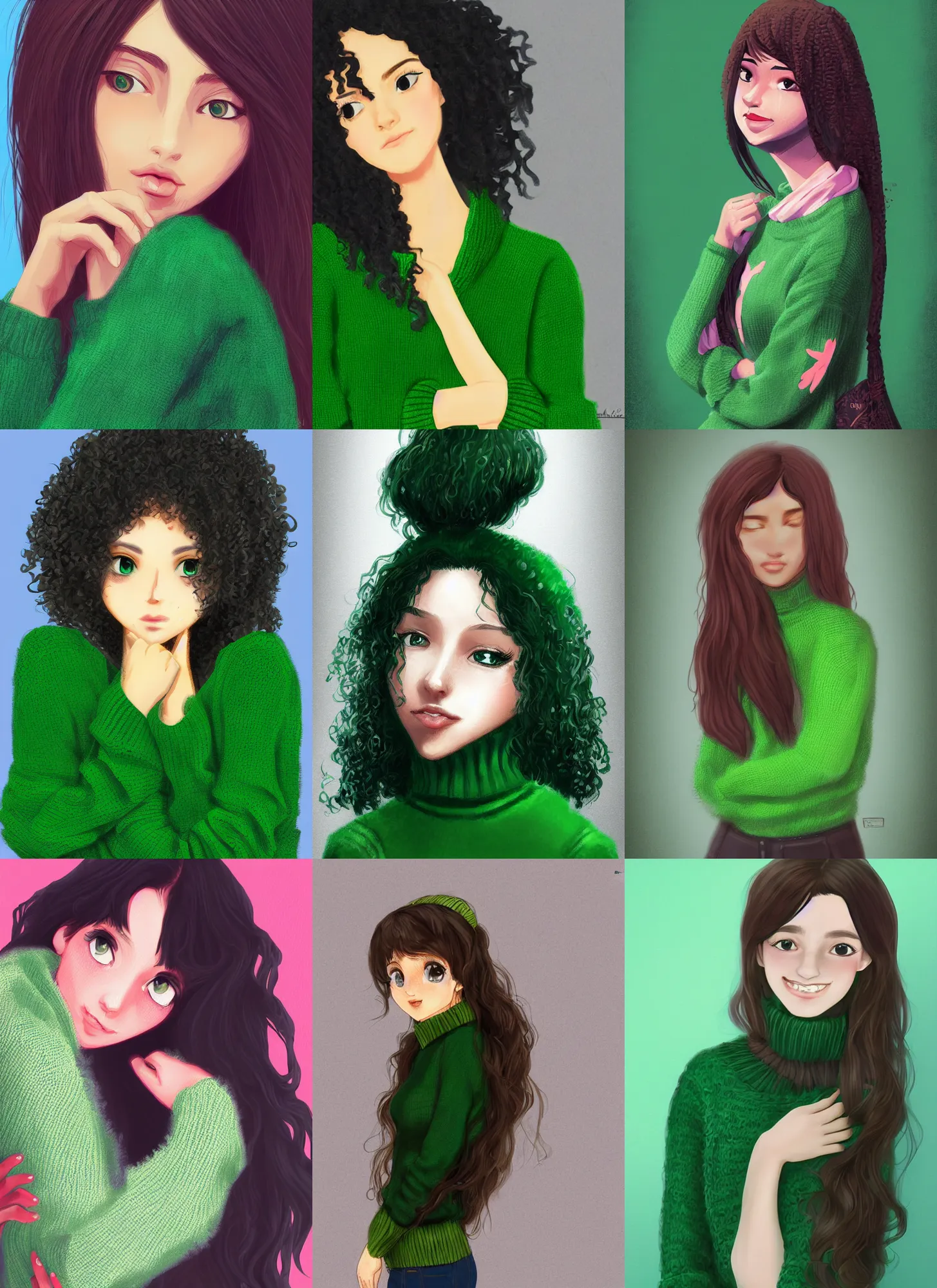 Prompt: a shy brazilian girl blushing, black curly hair, wearing a green sweater, digital art, artstation, smooth