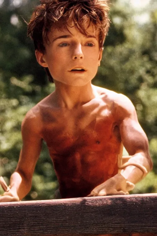 Image similar to close up still shot of young peter pan on a diving board, from the live action movie hook, 3 5 mm, highly detailed, dynamic lighting