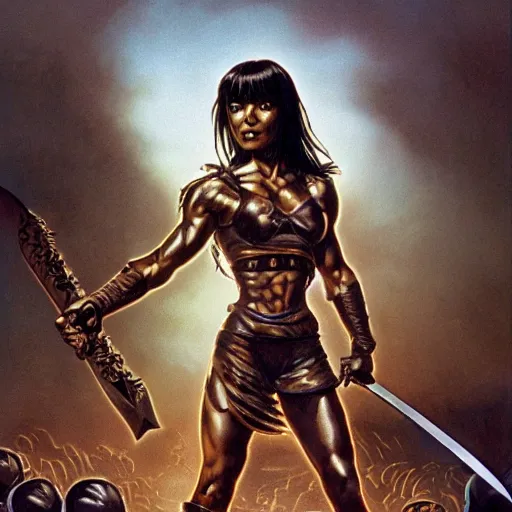 Image similar to a muscular bronze - skinned silver - eyed black - haired woman warrior wearing xena armor, holding a sword aloft, in a crowded alien arena on a hostile planet, highly detailed, ron cobb, moebius, heavy metal magazine, mike mignola, trending on art station, illustration, comic book