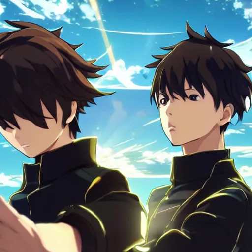 Image similar to epic anime battle brown haired boy summons a tsunami. makoto shinkai. kuvshinov ilya. shigenori soejima.