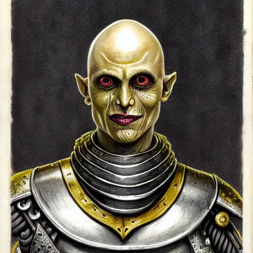 Prompt: ( ( ( head and shoulders portrait of a gaunt noseless yellow - skinned bald githyanki warrior in a breastplate, wielding a magical silver greatsword ) ) ), hr giger, d & d, fantasy, medieval