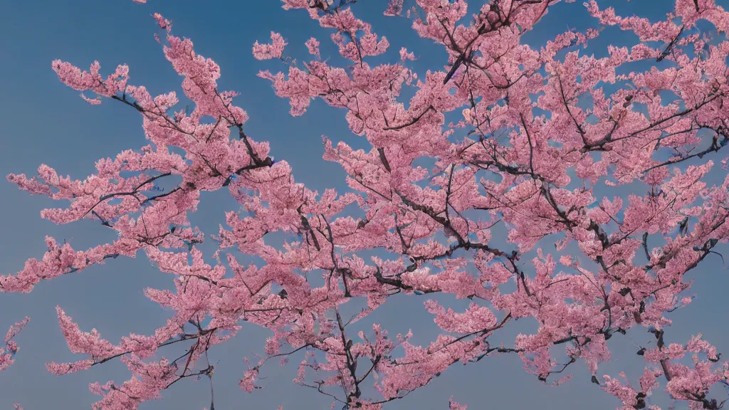 Image similar to a watercolor of Peach blossoms bloom along the Shanghai skyline, The soft pinks and greens of the flowers are offset by the blue of the sky and the gray of the cityscape, by Abbott Fuller Graves, Agnes Cecile, Alma Thomas, HD, Octane render 8K,