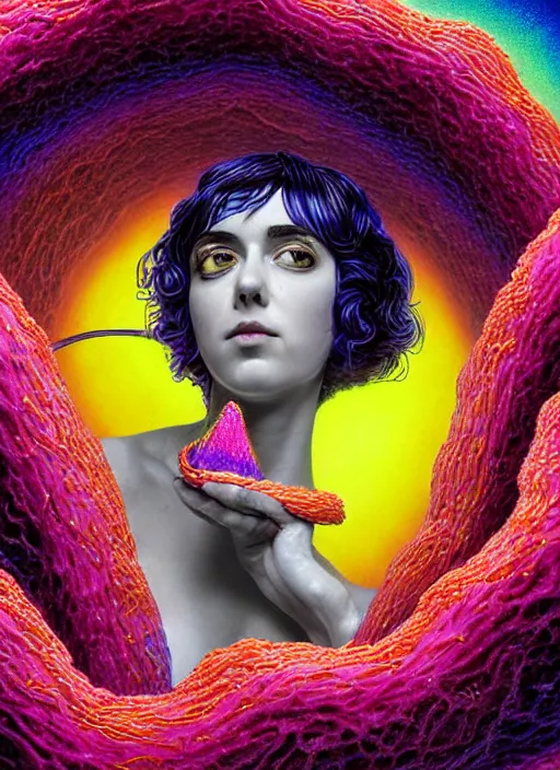 Prompt: hyper detailed 3d render like a Oil painting - Ramona Flowers with black hair in thick mascara seen Eating of the Strangling network of colorful yellowcake and aerochrome and milky Fruit and Her delicate Hands hold of gossamer polyp blossoms bring iridescent fungal flowers whose spores black the foolish stars by Jacek Yerka, Mariusz Lewandowski, Houdini algorithmic generative render, Abstract brush strokes, Masterpiece, Edward Hopper and James Gilleard, Zdzislaw Beksinski, Mark Ryden, Wolfgang Lettl, Dan Hiller, hints of Yayoi Kasuma, octane render, 8k