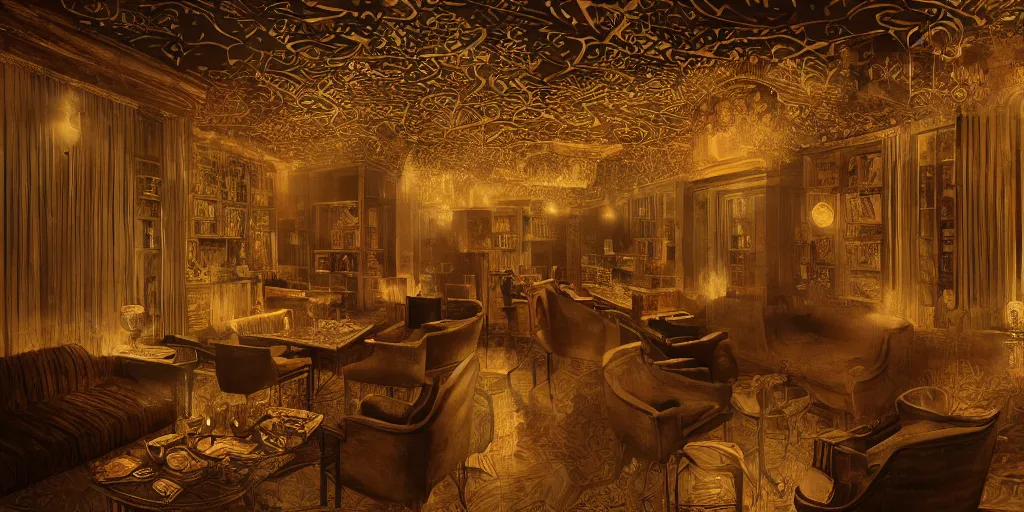 Image similar to prohibition era speakeasy, interior design by william morris, beautiful dramatic lighting, 8 k illustration, golden hour intricate, richly detailed, photorealistic imagery, artstation render inspired by victo ngai