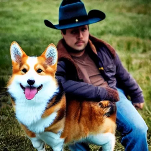 Prompt: siberian felis catus wearing a cowboy hat, riding a corgi canis