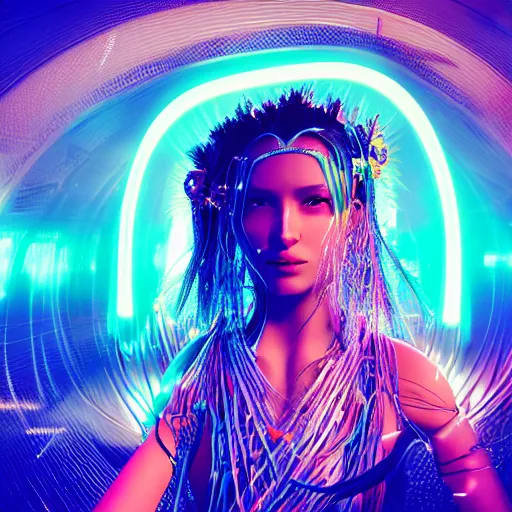 Prompt: a portrait of A full body beautiful futuristic biopunk hula dancer girl, young with long hair, neon Bioluminescence, hyper-realistic, very detailed, intricate, very sexy pose, slight smile expression, photo realistic, dramatic cinematic lighting, octane render, 4k, ultra detailed