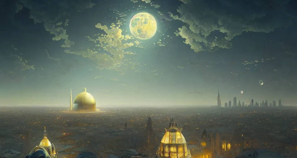 Image similar to cinematic shot, city on the moon, geodesic domes, digital painting, artstation, concept art, soft light, hdri, smooth, sharp focus, illustration, intricate, elegant, highly detailed, in the style of greg rutkowski and alphonse mucha and artemisia, 8 k, highly detailed, jurgens, rutkowski