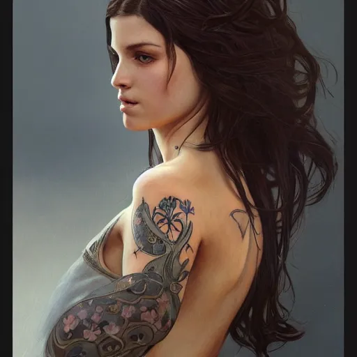 Image similar to ultra realistic illustration, a hot brunette tattooed slavic woman in her late 2 0's, intricate, elegant, highly detailed, digital painting, artstation, concept art, smooth, sharp focus, illustration, art by artgerm and greg rutkowski and alphonse mucha