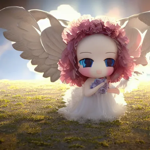 Prompt: cute fumo plush of a divine angel, gothic maiden, ribbons and flowers, ruffled wings, feathers raining, particle simulation, clouds, vray, horror storybook illustration